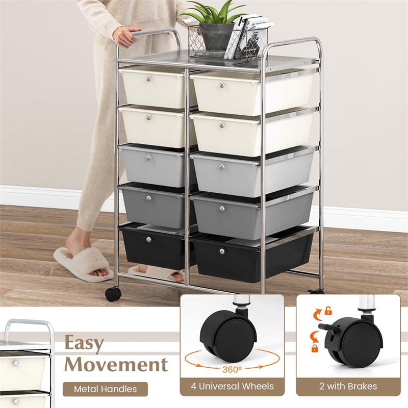 Pemberly Row 10-Drawer Storage Cart Utility Rolling Trolley in Gray