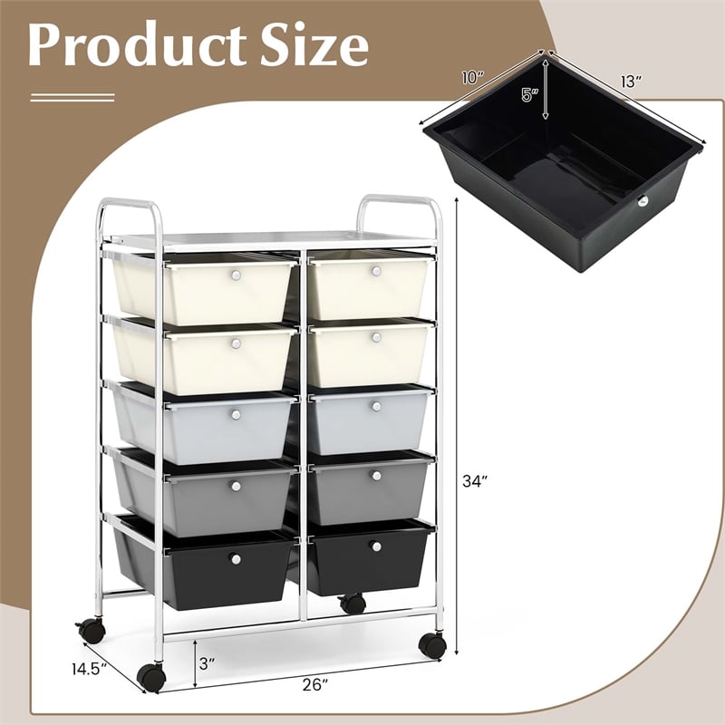 Pemberly Row 10-Drawer Storage Cart Utility Rolling Trolley in Gray