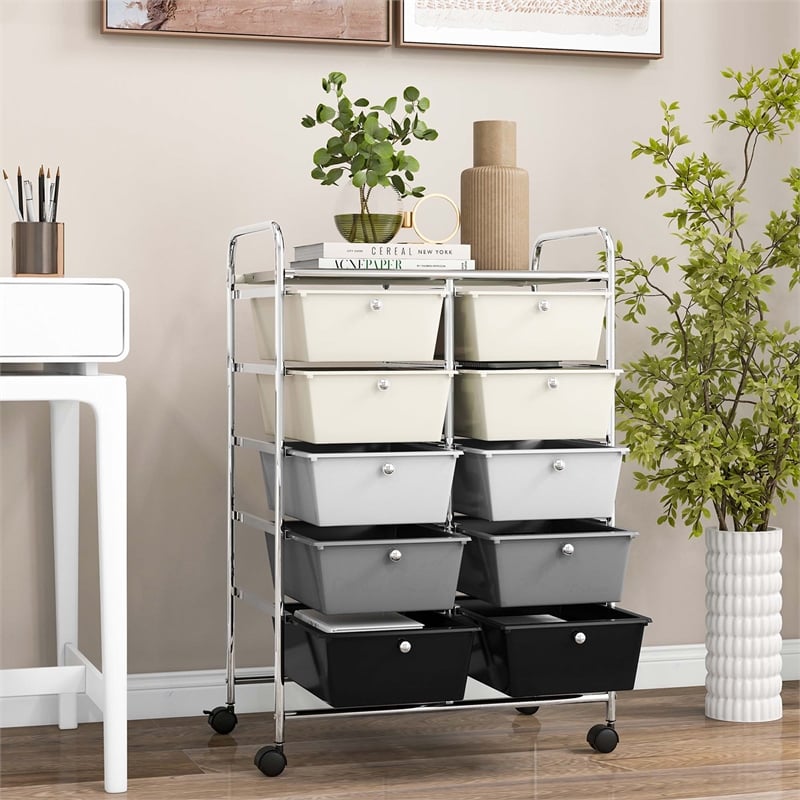 Pemberly Row 10-Drawer Storage Cart Utility Rolling Trolley in Gray