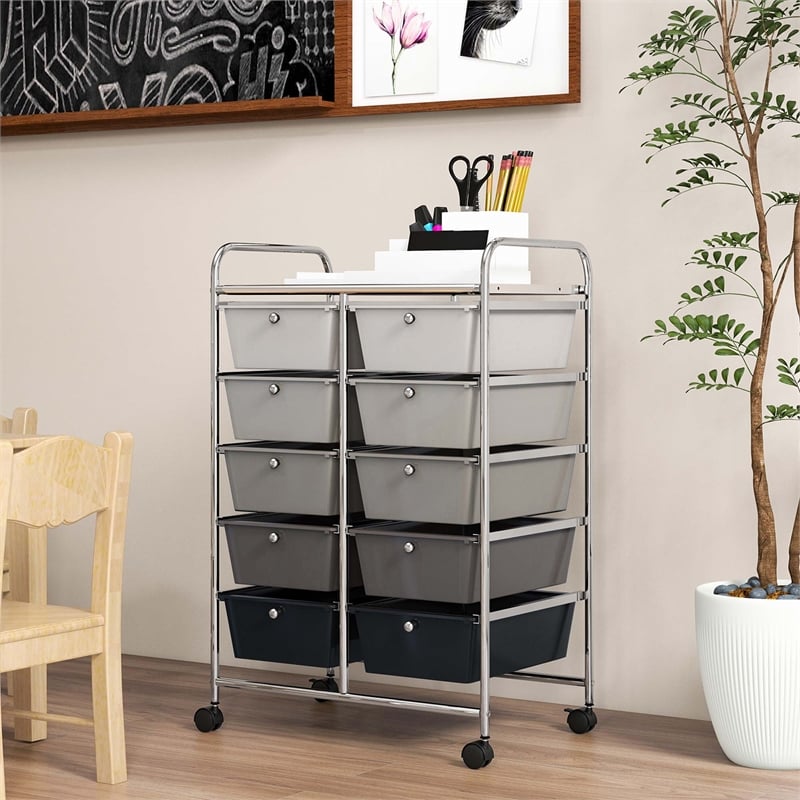 Pemberly Row 10-Drawer Storage Cart Utility Rolling Trolley in Black