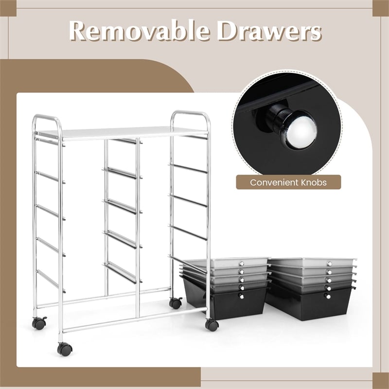 Pemberly Row 10-Drawer Storage Cart Utility Rolling Trolley in Black