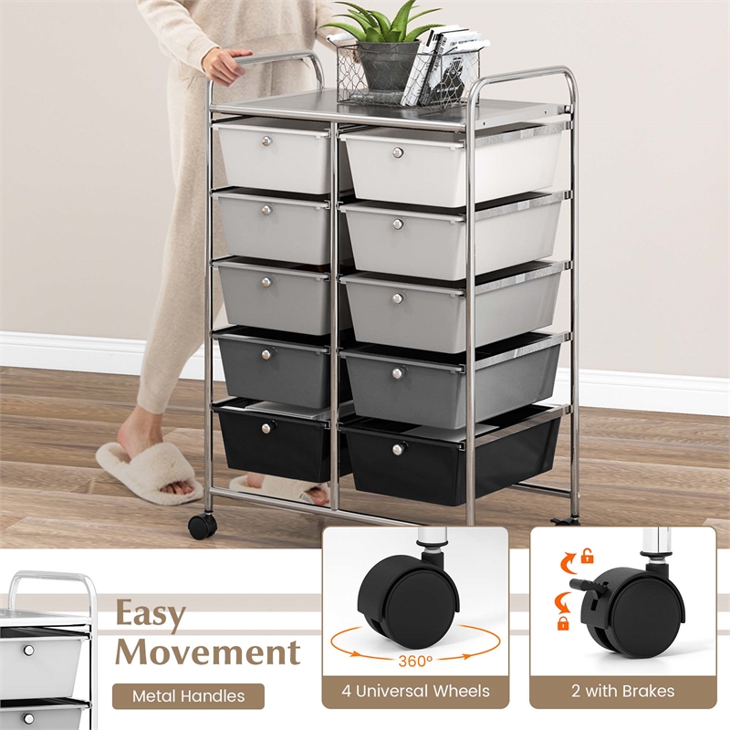 Pemberly Row 10-Drawer Storage Cart Utility Rolling Trolley in Black