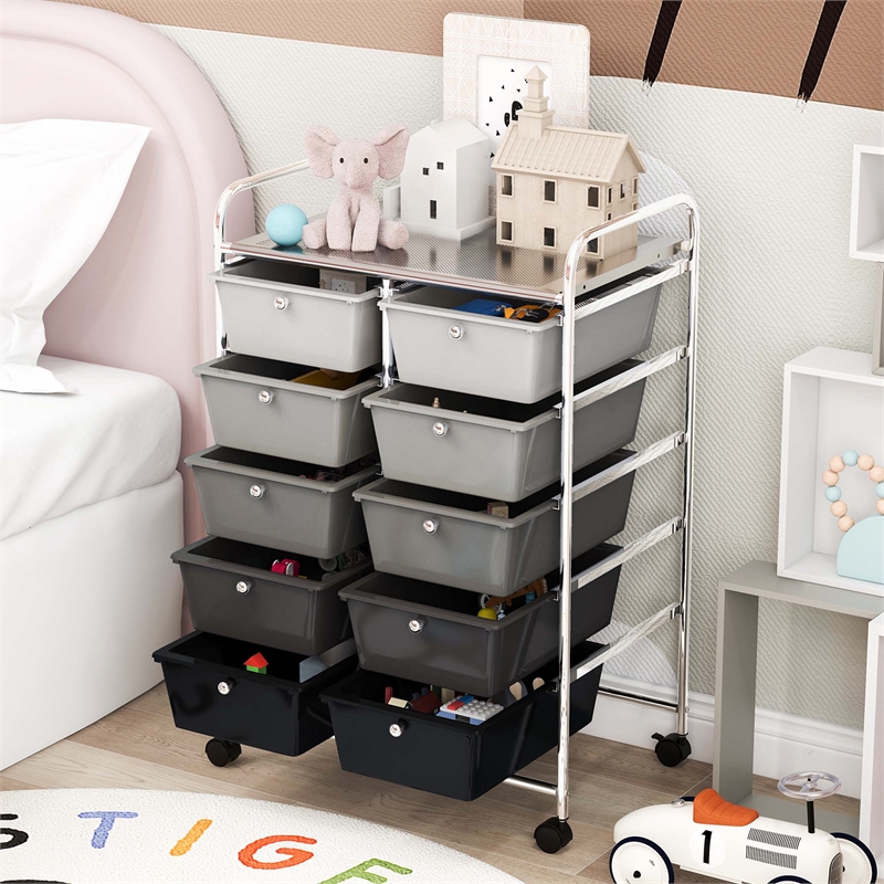 Pemberly Row 10-Drawer Storage Cart Utility Rolling Trolley in Black