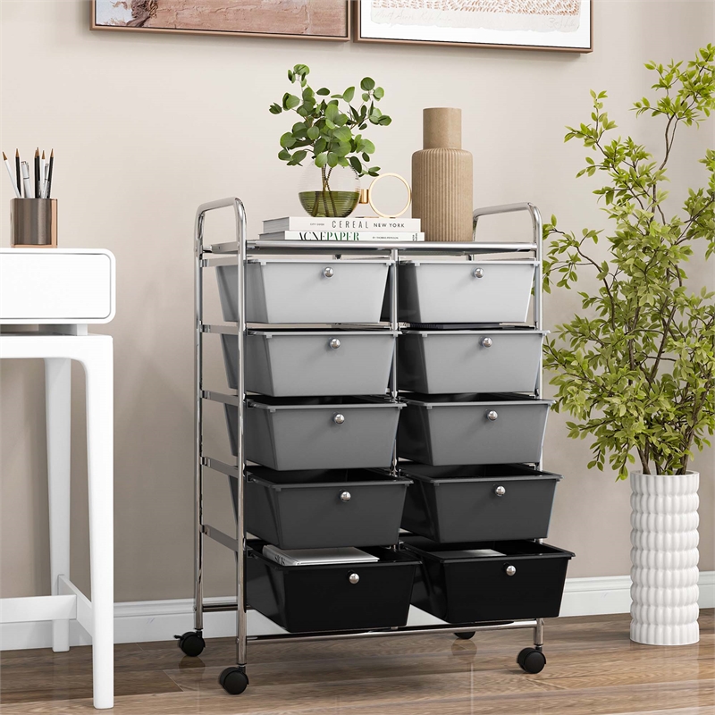 Pemberly Row 10-Drawer Storage Cart Utility Rolling Trolley in Black
