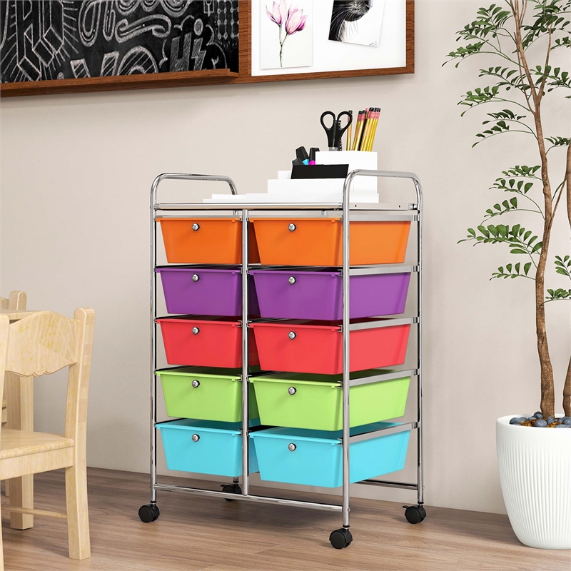 Pemberly Row 10-Drawer Plastic Storage Cart Utility Rolling Trolley - Multicolor