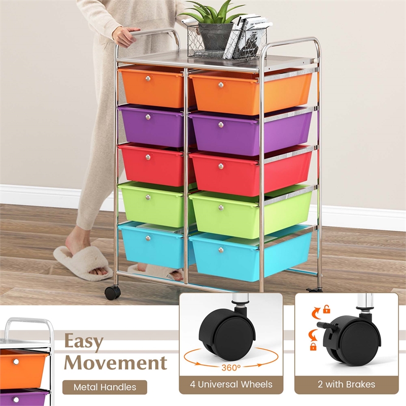 Pemberly Row 10-Drawer Plastic Storage Cart Utility Rolling Trolley - Multicolor