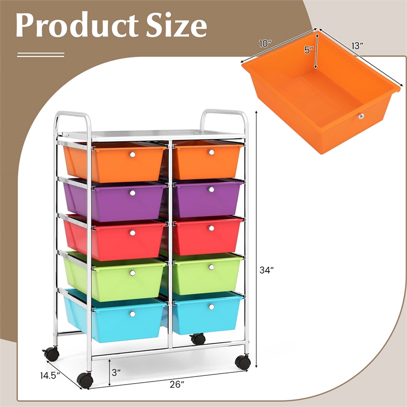 Pemberly Row 10-Drawer Plastic Storage Cart Utility Rolling Trolley - Multicolor