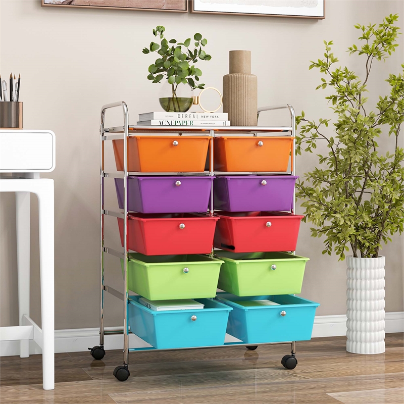 Pemberly Row 10-Drawer Plastic Storage Cart Utility Rolling Trolley - Multicolor