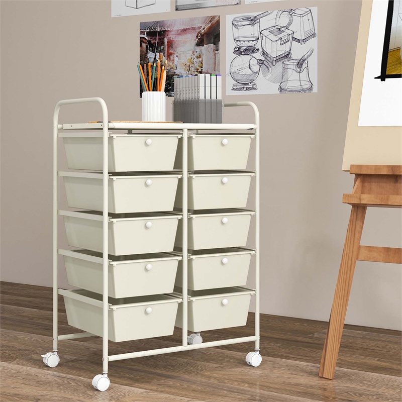 Pemberly Row 10-Drawer Storage Cart Utility Rolling Trolley in White