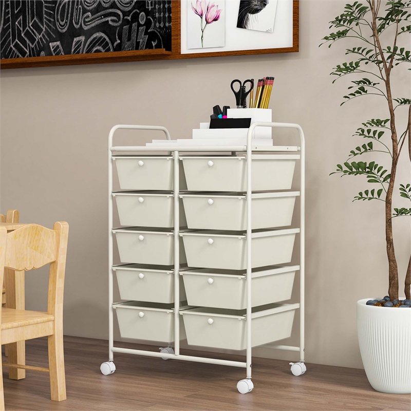 Pemberly Row 10-Drawer Storage Cart Utility Rolling Trolley in White