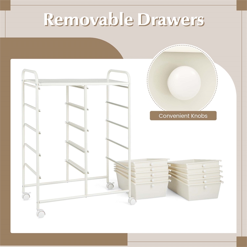 Pemberly Row 10-Drawer Storage Cart Utility Rolling Trolley in White