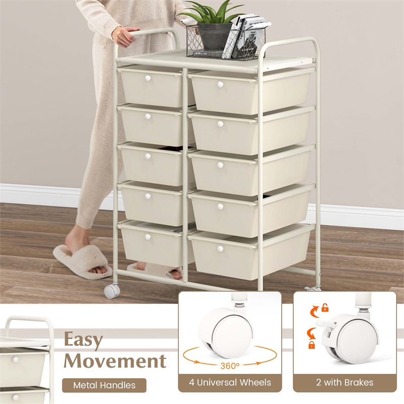 Pemberly Row 10-Drawer Storage Cart Utility Rolling Trolley in White
