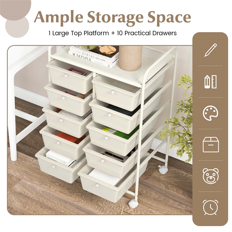 Pemberly Row 10-Drawer Storage Cart Utility Rolling Trolley in White