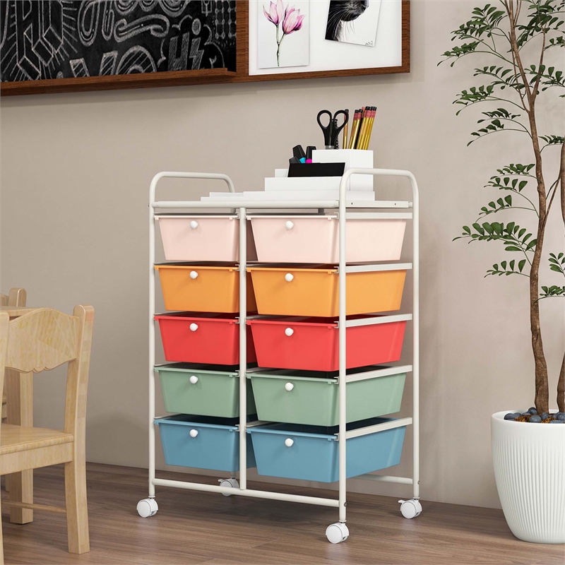 Pemberly Row 10-Drawer Plastic Storage Cart Utility Rolling Trolley in Macaron