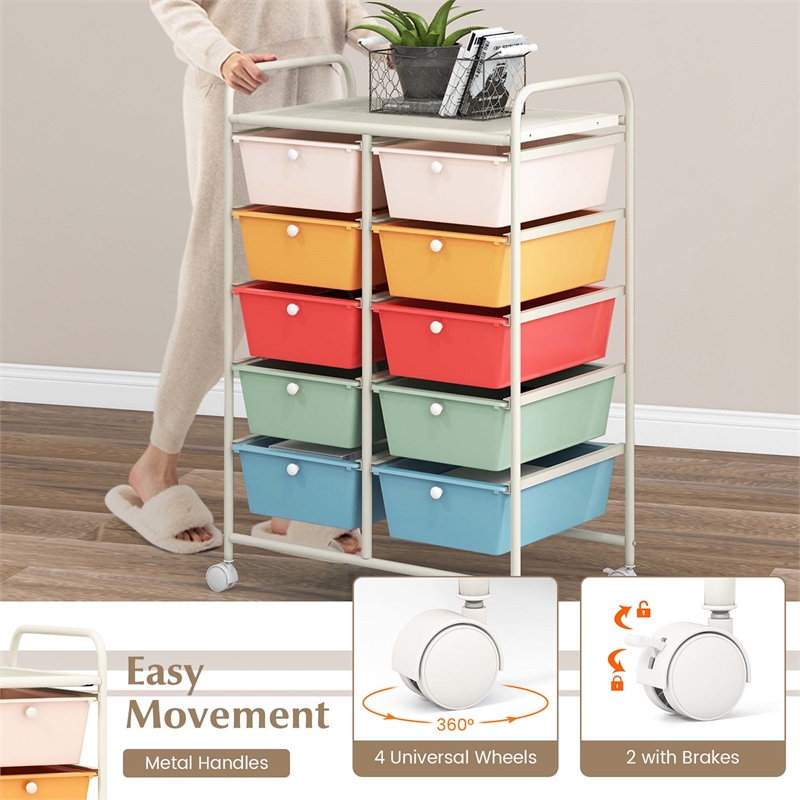 Pemberly Row 10-Drawer Plastic Storage Cart Utility Rolling Trolley in Macaron
