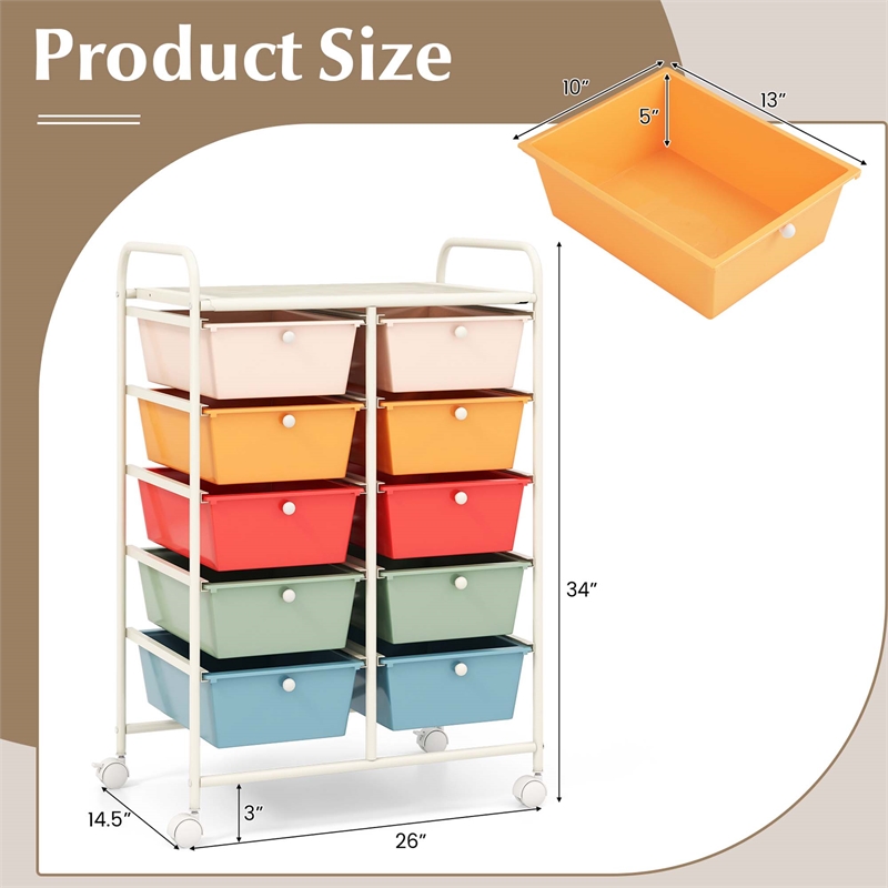 Pemberly Row 10-Drawer Plastic Storage Cart Utility Rolling Trolley in Macaron