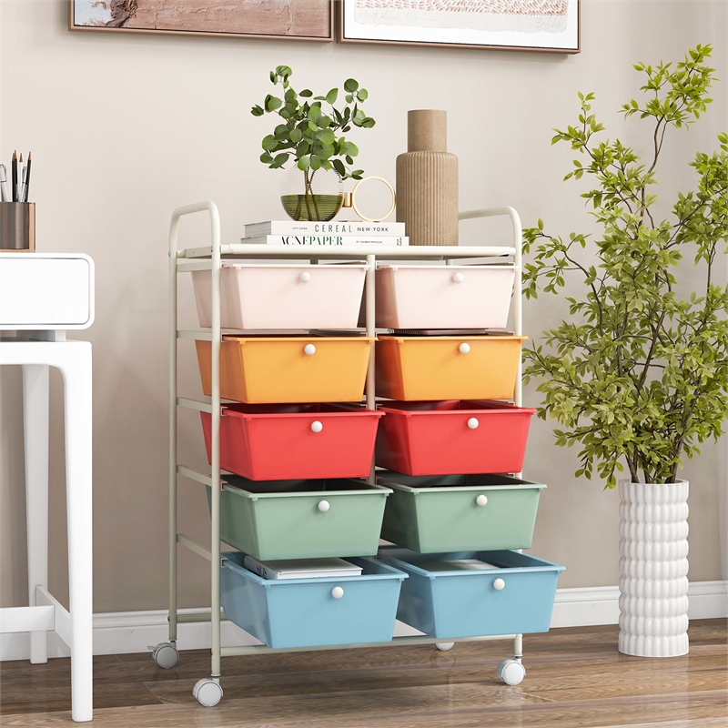 Pemberly Row 10-Drawer Plastic Storage Cart Utility Rolling Trolley in Macaron