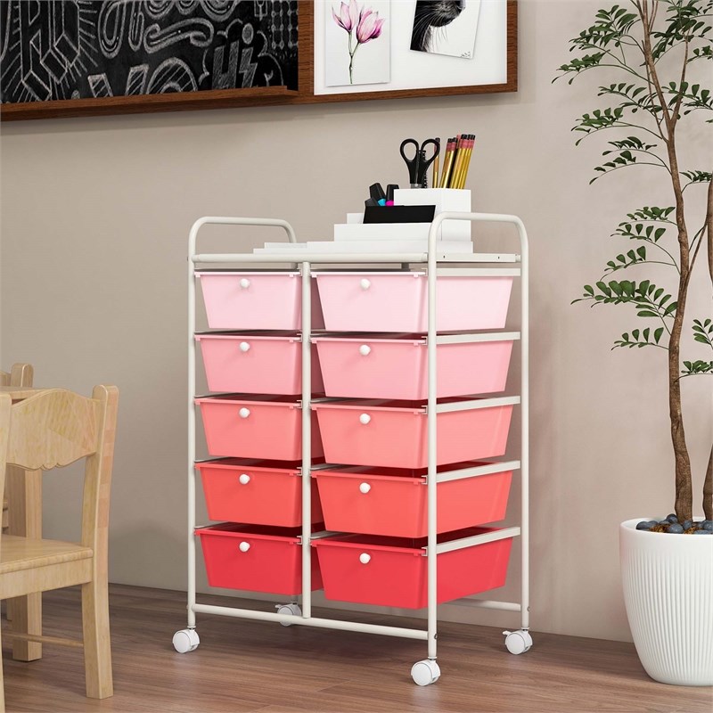 Pemberly Row 10-Drawer Storage Cart Utility Rolling Trolley in Pink