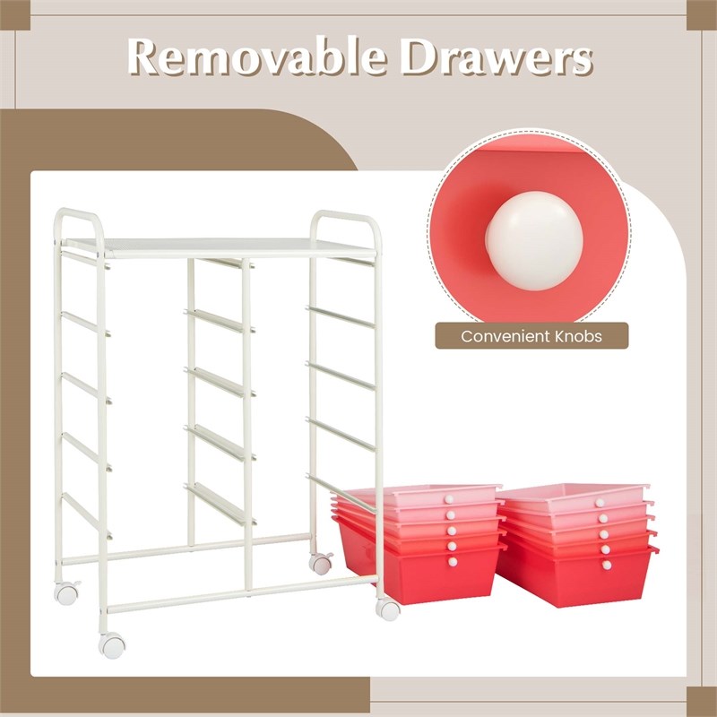 Pemberly Row 10-Drawer Storage Cart Utility Rolling Trolley in Pink
