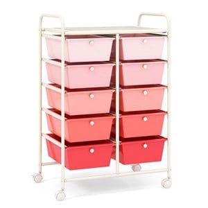 Pemberly Row 10-Drawer Storage Cart Utility Rolling Trolley in Pink