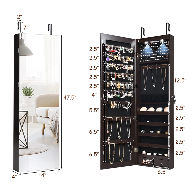 Pemberly Row Mirrored Jewelry Cabinet Jewelry Armoire with 2 LED Lights in Brown
