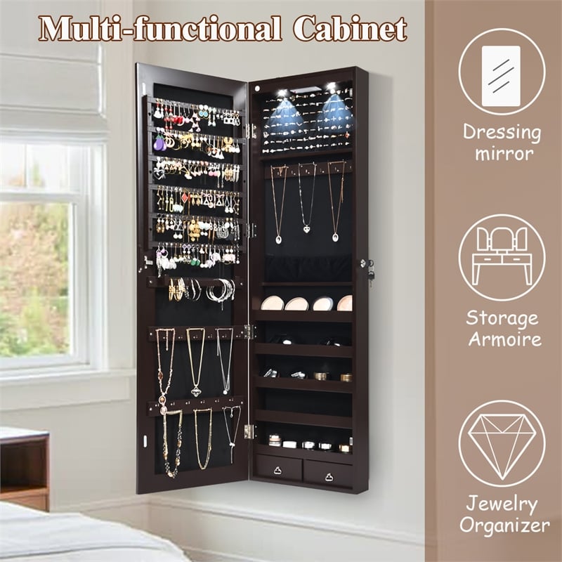 Pemberly Row Mirrored Jewelry Cabinet Jewelry Armoire with 2 LED Lights in Brown