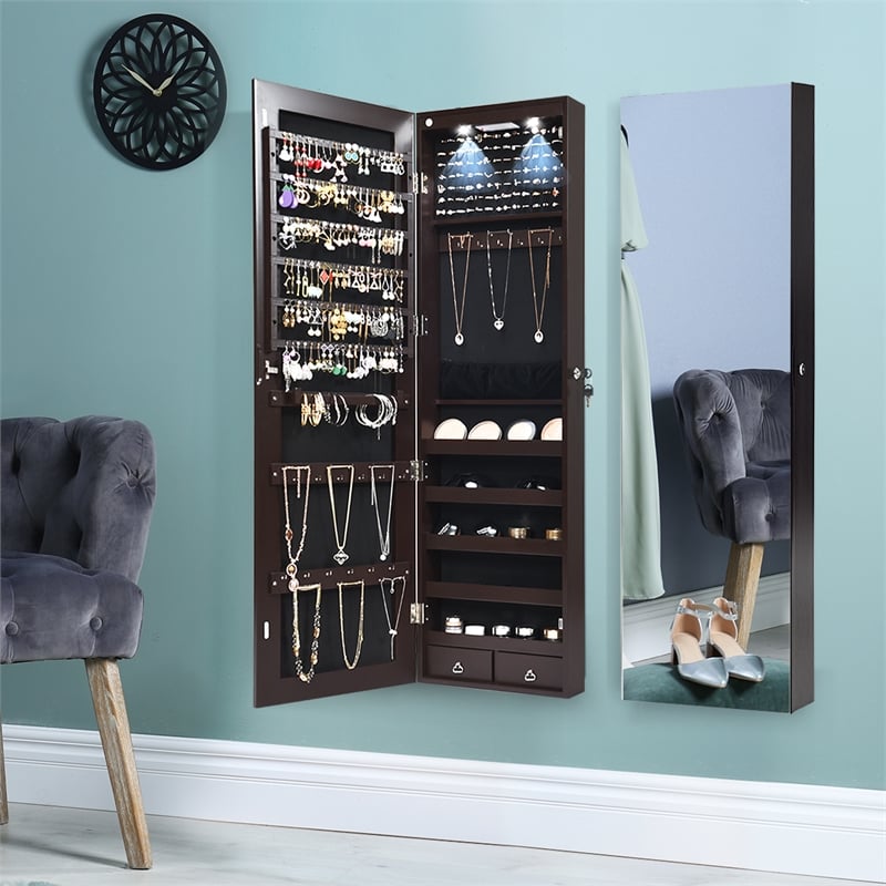 Pemberly Row Mirrored Jewelry Cabinet Jewelry Armoire with 2 LED Lights in Brown