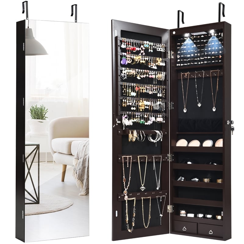 Pemberly Row Mirrored Jewelry Cabinet Jewelry Armoire with 2 LED Lights in Brown