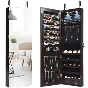 Pemberly Row Mirrored Jewelry Cabinet Jewelry Armoire with 2 LED Lights in Brown
