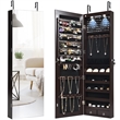Pemberly Row Mirrored Jewelry Cabinet Jewelry Armoire with 2 LED Lights in Brown