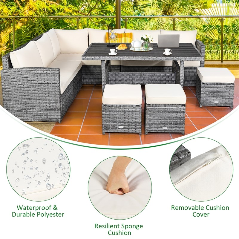 Pemberly Row 7 PCS Patio Dining Set Sectional Sofa Couch Ottoman Garden in White