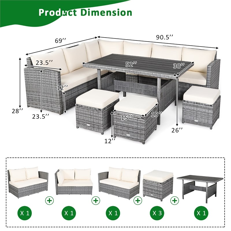 Pemberly Row 7 PCS Patio Dining Set Sectional Sofa Couch Ottoman Garden in White