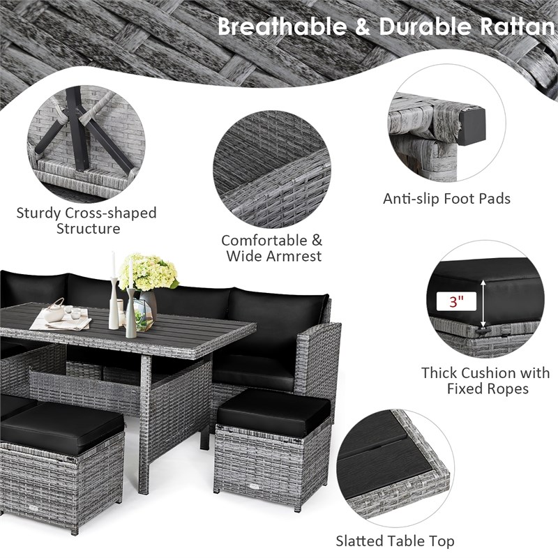 Pemberly Row 7 PCS Patio Dining Set Sectional Sofa Couch Ottoman Garden in Black
