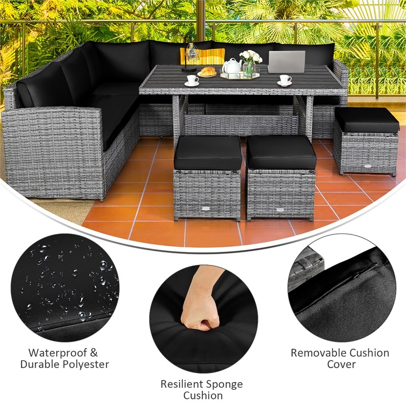 Pemberly Row 7 PCS Patio Dining Set Sectional Sofa Couch Ottoman Garden in Black