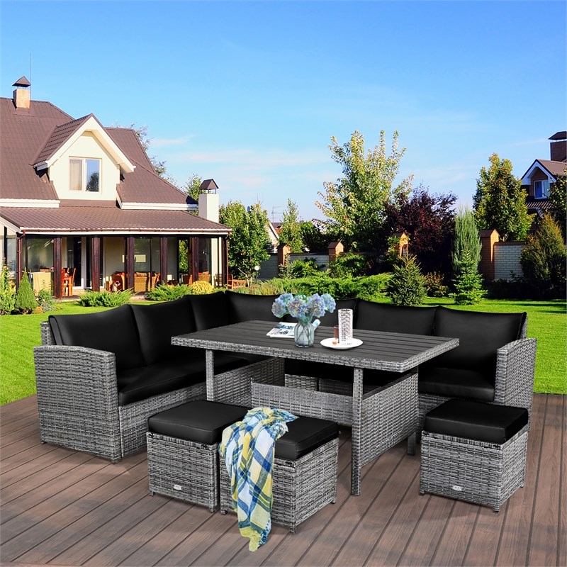 Pemberly Row 7 PCS Patio Dining Set Sectional Sofa Couch Ottoman Garden in Black