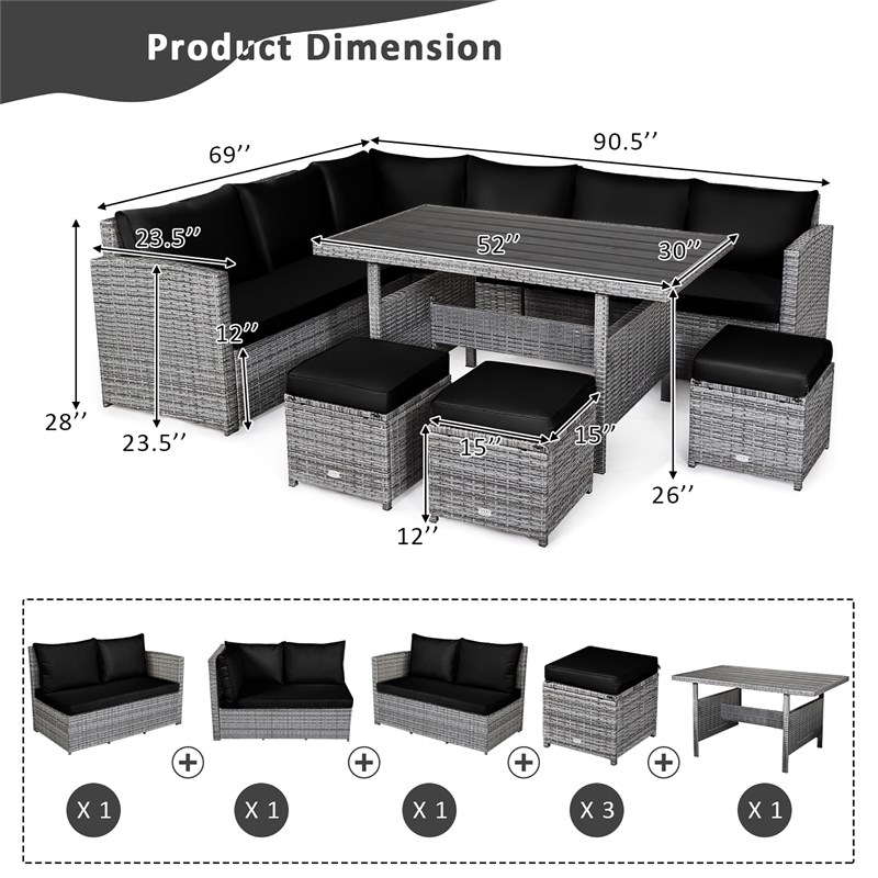 Pemberly Row 7 PCS Patio Dining Set Sectional Sofa Couch Ottoman Garden in Black