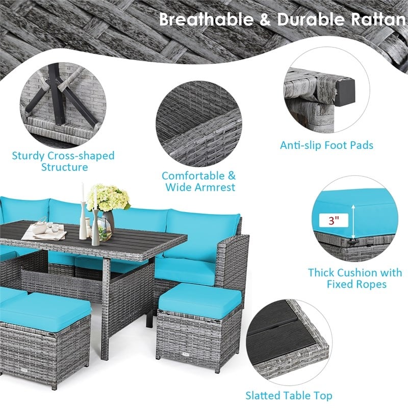 Pemberly Row 7 PCS Patio Dining Set Sectional Sofa Couch Ottoman Garden