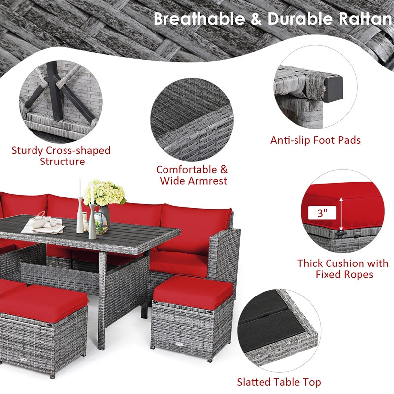 Pemberly Row 7 PCS Patio Dining Set Sectional Sofa Couch Ottoman Garden in Red