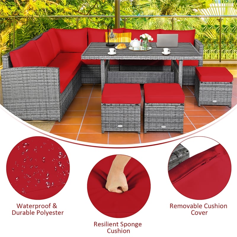 Pemberly Row 7 PCS Patio Dining Set Sectional Sofa Couch Ottoman Garden in Red