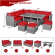 Pemberly Row 7 PCS Patio Dining Set Sectional Sofa Couch Ottoman Garden in Red