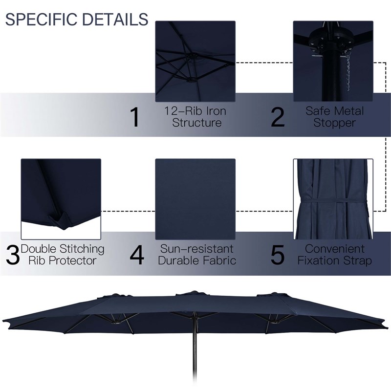 Pemberly Row 15 Ft Patio Double Sided Outdoor Market Umbrella in Navy