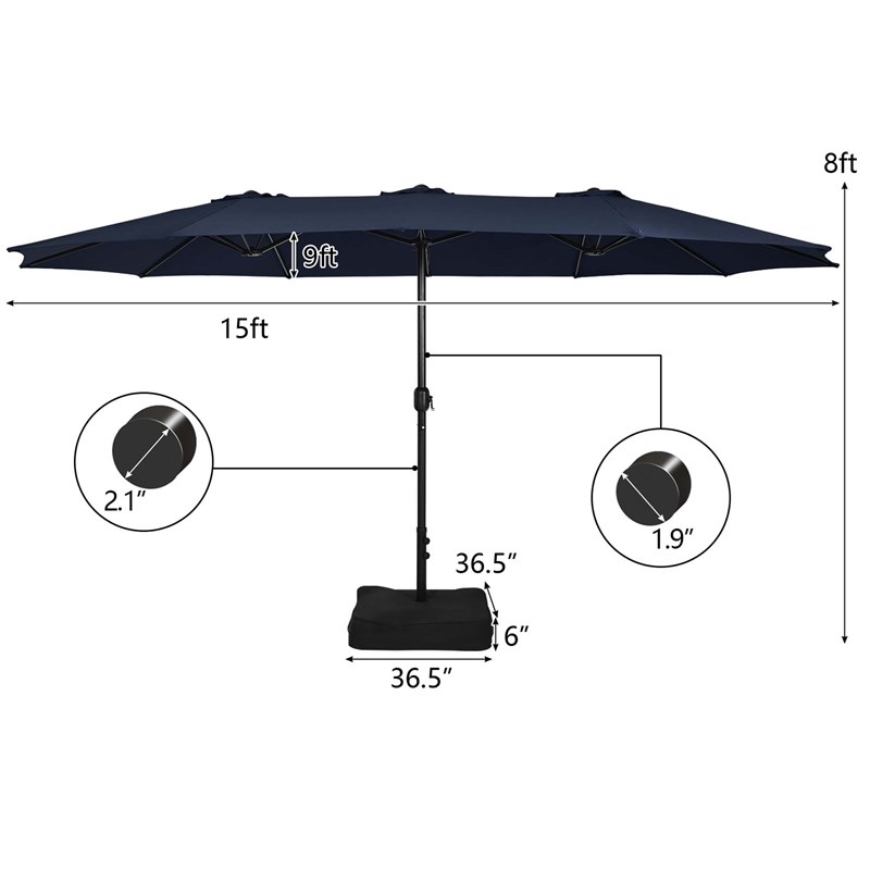 Pemberly Row 15 Ft Patio Double Sided Outdoor Market Umbrella in Navy