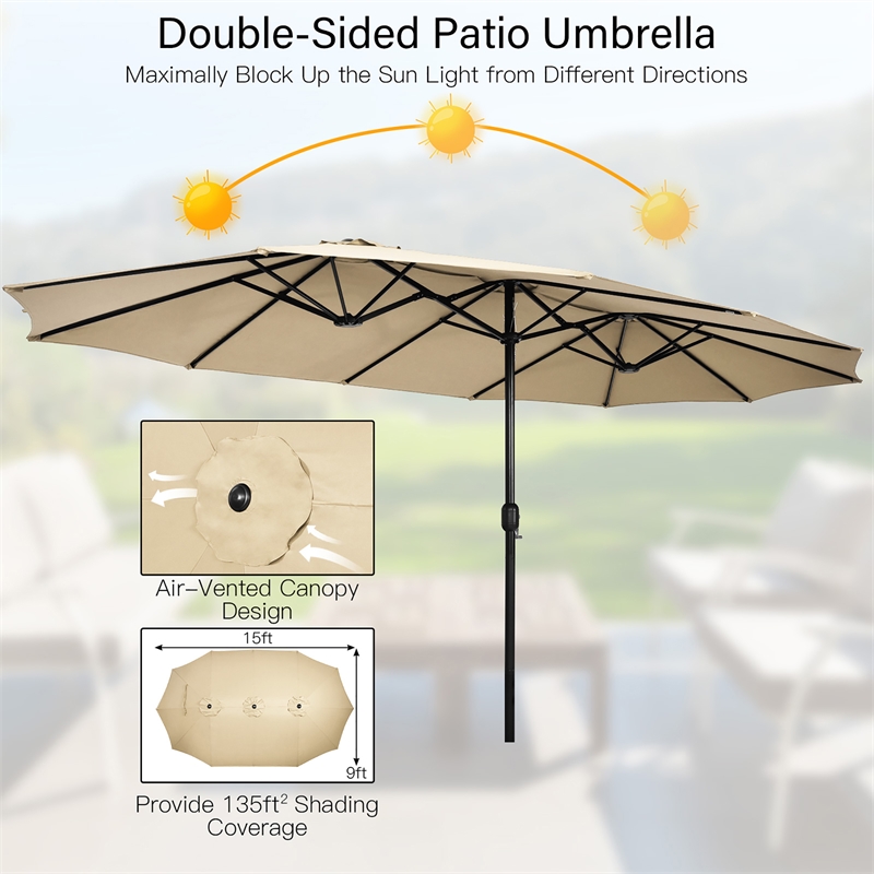 Pemberly Row 15 Ft Patio Double Sided Outdoor Market Umbrella in Beige