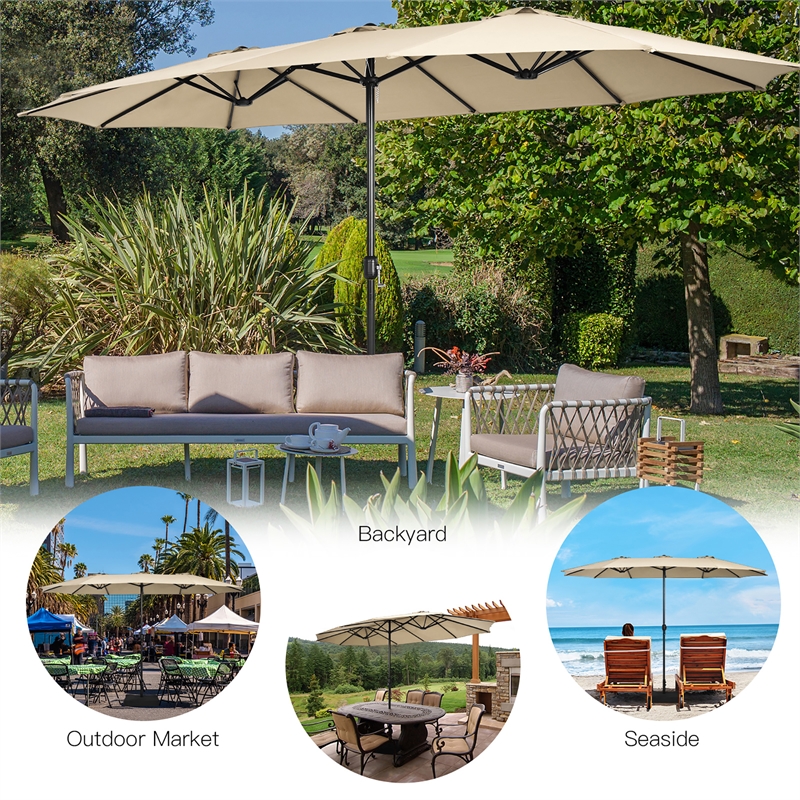 Pemberly Row 15 Ft Patio Double Sided Outdoor Market Umbrella in Beige
