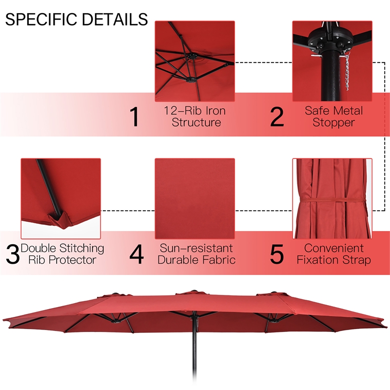 Pemberly Row 15 Ft Patio Double Sided Outdoor Market Umbrella in Red