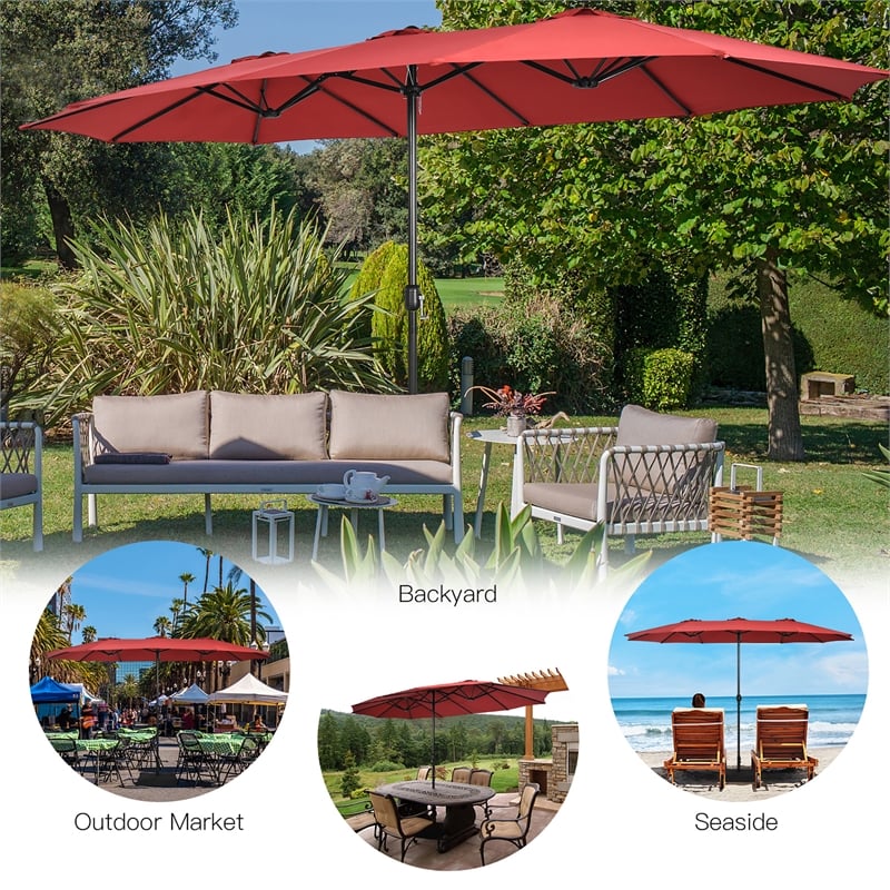 Pemberly Row 15 Ft Patio Double Sided Outdoor Market Umbrella in Red