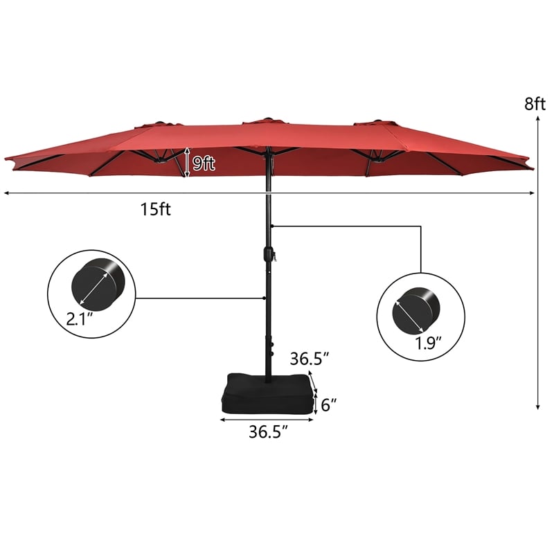 Pemberly Row 15 Ft Patio Double Sided Outdoor Market Umbrella in Red