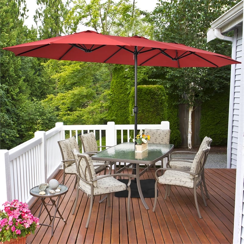 Pemberly Row 15 Ft Patio Double Sided Outdoor Market Umbrella in Red