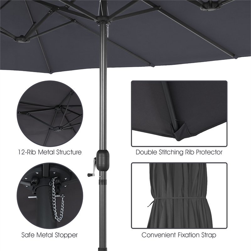 Pemberly Row 15 Ft Patio Double Sided Outdoor Market Umbrella in Gray