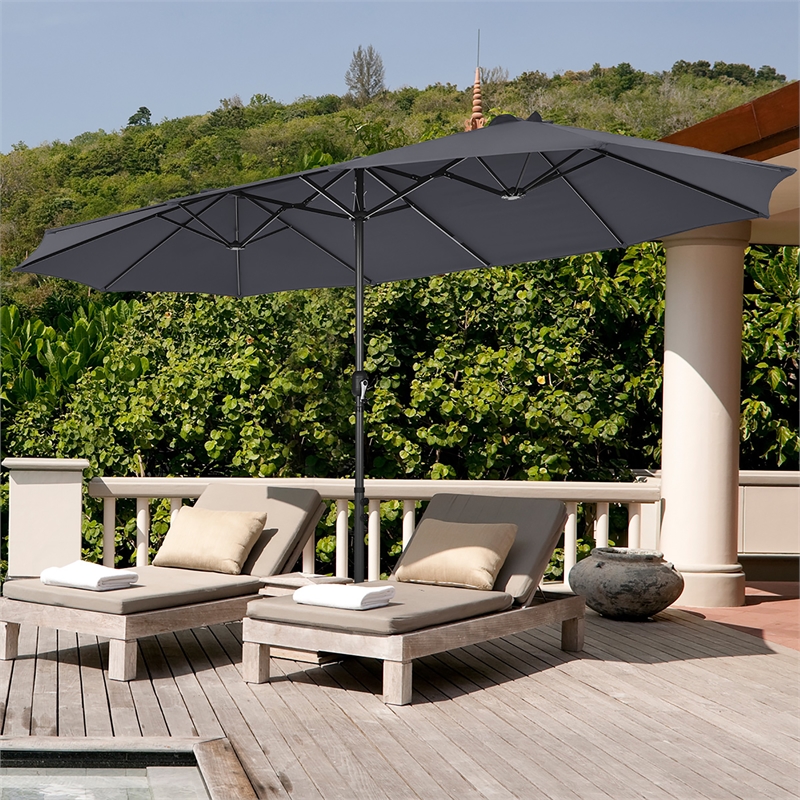 Pemberly Row 15 Ft Patio Double Sided Outdoor Market Umbrella in Gray